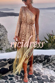 For The Love Gold Sequin One Shoulder Belted Fringes Midi Dress