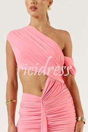 Ceilia Mesh Off Shoulder Cutout Waist Ruched Stretch Maxi Dress