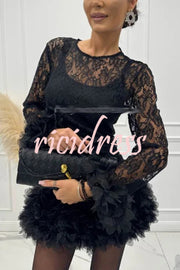 Alyssa Lace Fabric Tulle Layered Petals Trim Long Sleeve Mini Dress