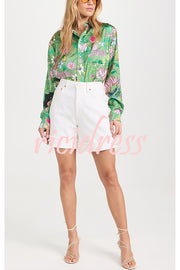 Quiet Jungle Satin Unique Print Long Sleeve Shirt and Elastic Waist Pocket Lounge Pants Set