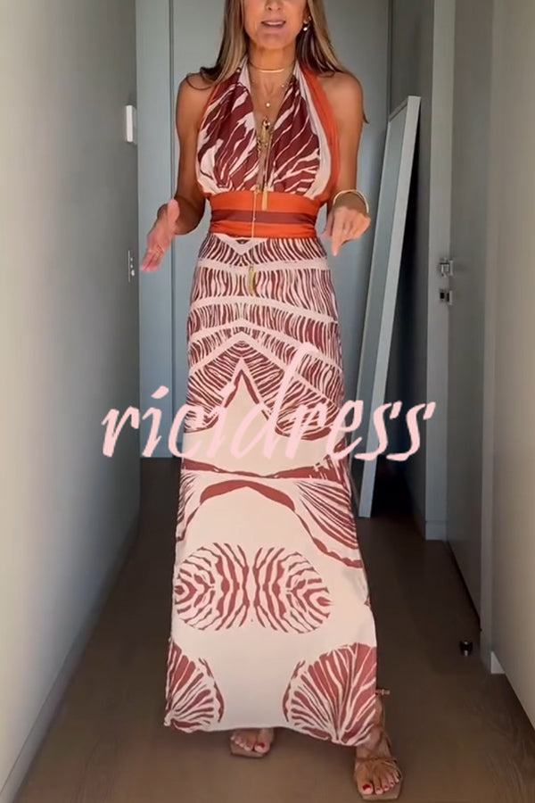 Vacay Bound Linen Blend Unique Botanical Print Halter Maxi Dress