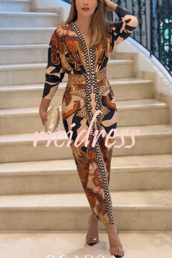 Verra Unique Print Dolman Long Sleeve Ruched Slit Midi Dress