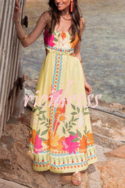 Resort Style Unique Print Sexy Square Neck Backless Waist Maxi Dress