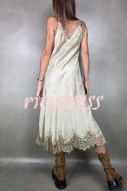 Fashionable V-neck Suspender Lace Splicing Casual Midi Dress