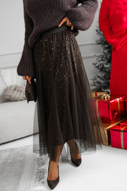 Party Daydream Sequin Tulle High Rise Elastic Waist Maxi Skirt