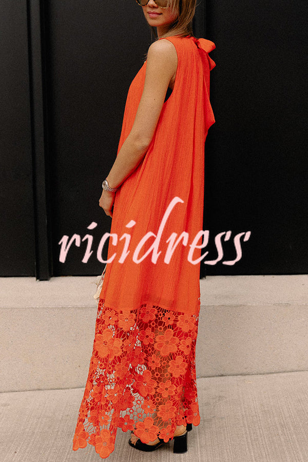 Breezy Comfort Tie-up Neck Sleeveless Floral Lace Hem Maxi Dress