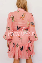 Unique Print Single Breasted Balloon Sleeve Tie Waist Ruffled Mini Dress