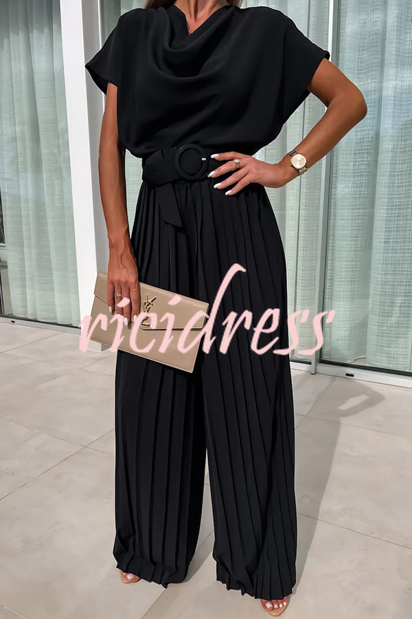 Ivy Cowl Neck Short Sleeve Belt Pleated Loose Wide Leg Jumpsuit