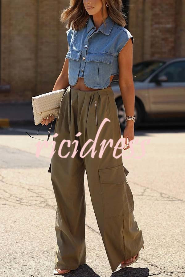 Stylish Weekend Denim Button Up Cape Sleeve Pocket Crop Top