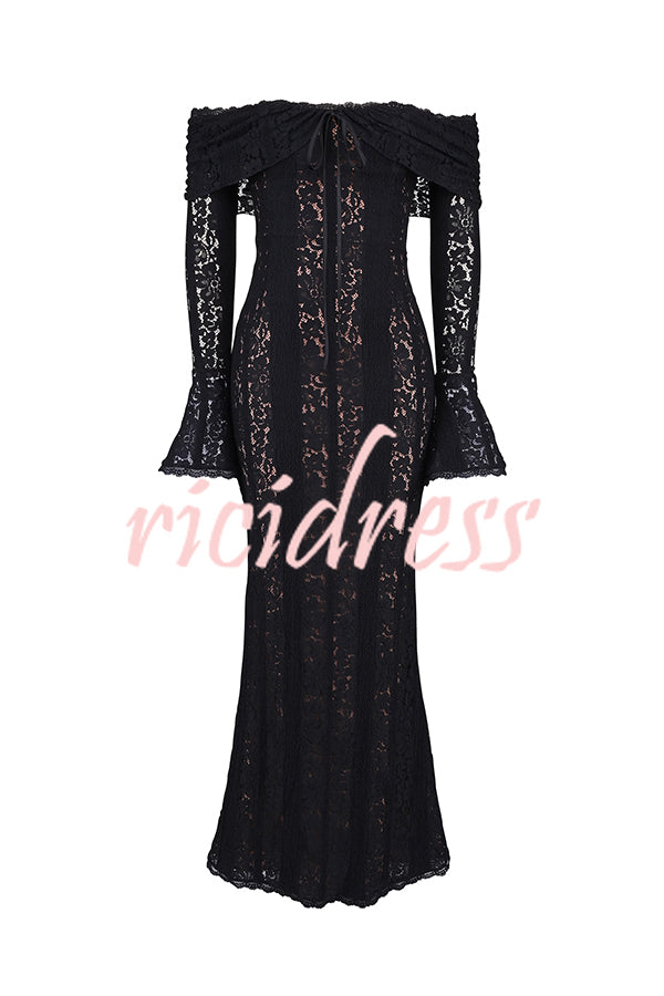 Outline The Curve Floral Lace Off Shoulder Bell Sleeve Stretch Maxi Dress