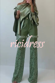 Chic Moment Satin Irregular Knot Slit Sleeve One Shoulder Loose Blouse