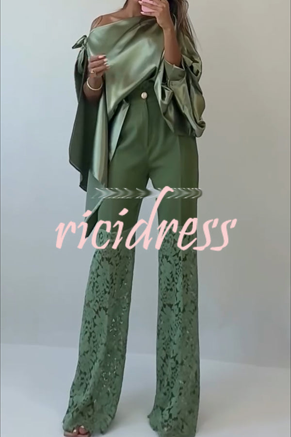 Chic Moment Satin Irregular Knot Slit Sleeve One Shoulder Loose Blouse