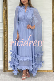 Fashionable V-neck Lace-up Ruffled Double-layer Hem Maxi Dress