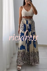 Unique Print Elastic High Waist Tie Pocket Holiday Style Wide Leg Pants