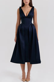 Midnight Charm Satin Twist Shoulder Straps Pocket Pleated Midi Dress