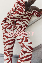 Unique Print Lapel Long Sleeve Loose Shirt and Elastic Waist Casual Pocket Wide Leg Pants Set