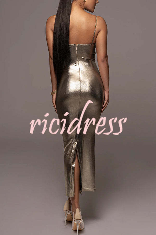 Visions of You Metallic Fabric Cowl Neck Removable Straps Stretch Midi Dress