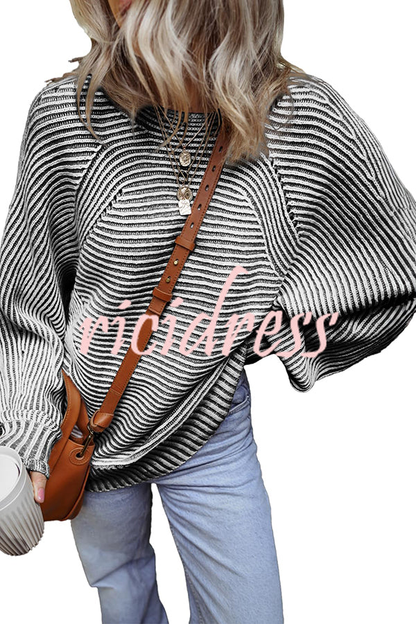 Knitted Striped Round Neck Dolman Sleeve Casual Loose Sweater