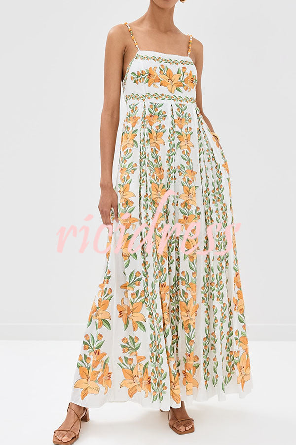 Summer Dreamer Linen Blend Unique Print Beaded Straps Pocketed Maxi Dress
