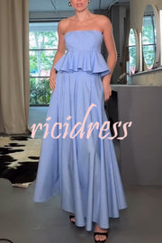 Kala Back Smocked Ruffles Hem Strapless Top and Pocketed A-line Maxi Skirt Set