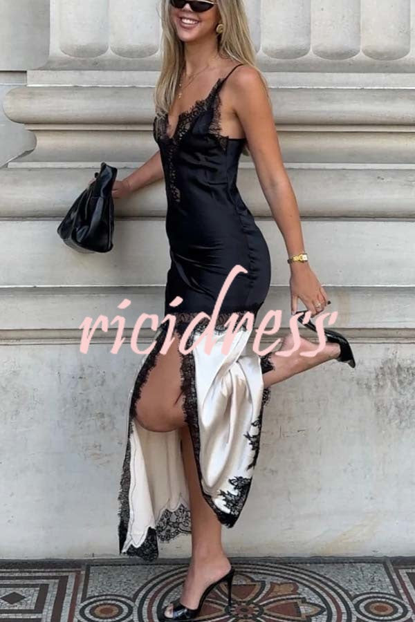 Soft and Romantic Satin Lace Trim Colorblock V-neck Side Slit Maxi Dress