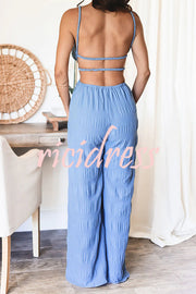Summer Vacay Style Crinkle Fabric Cut Out Elastic Waist Pocket Backless Jumpsuit