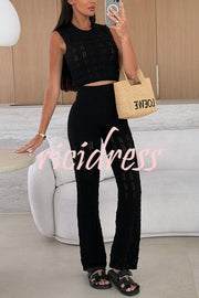 Solid Color Hollow Sleeveless Round Neck Knitted Vest and Stretch Casual Straight Pants Set