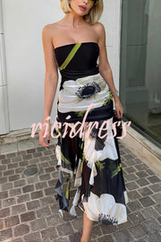 Raquel Mesh Overlay Floral Print Off Shoulder Ruched Ruffles Stretch Midi Dress