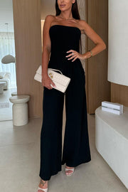 Linen Blend Solid Color Off-the-shoulder Pleated Casual Pocket Wide-leg Jumpsuit