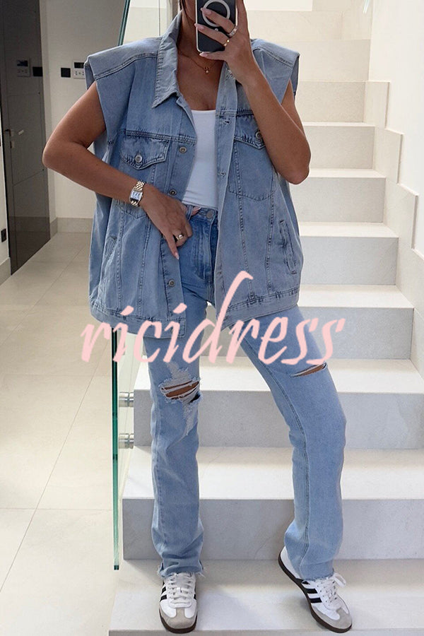 Overall Cool Button Lapel Pockets Denim Jacket