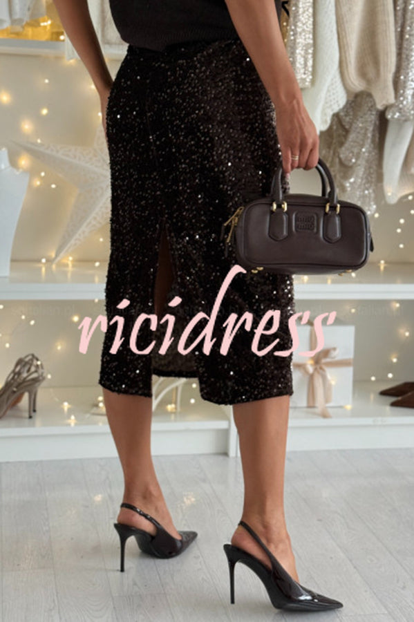 Light The Night Velvet Sequin High Rise Elastic Waist Pencil Slit Midi Skirt