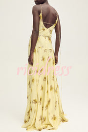Sunset Glow Floral Print V-neck Thin Straps Flare Hem Maxi Dress