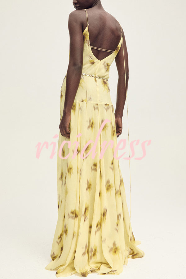 Sunset Glow Floral Print V-neck Thin Straps Flare Hem Maxi Dress