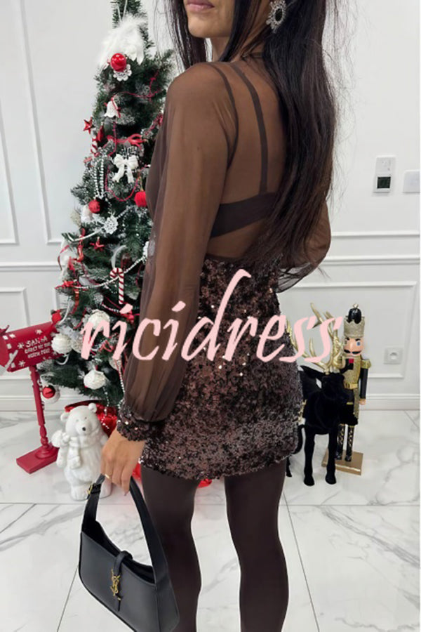 Whisper and Wine Sheer Tulle Sequin Patchwork V-neck Long Sleeve Mini Dress