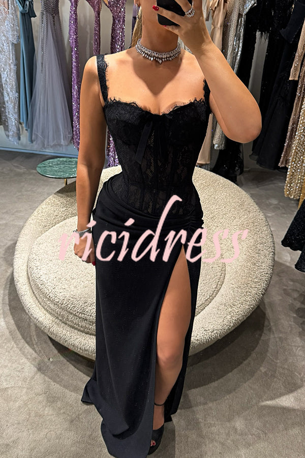 Sexy Grace Magic Lace Corset Bow Design Ruched Hip Slit Maxi Dress
