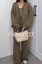 Solid Color V-neck Tie Long-sleeved Loose Knit Cardigan and Elastic Waist Casual Straight Leg Pants Set