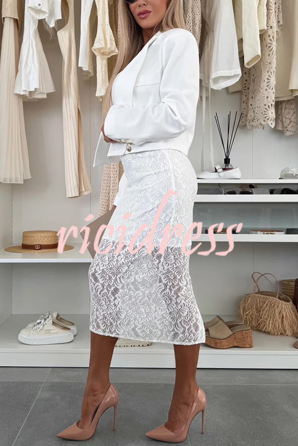 Lesia Floral Lace High Rise Slit Stretch Midi Skirt