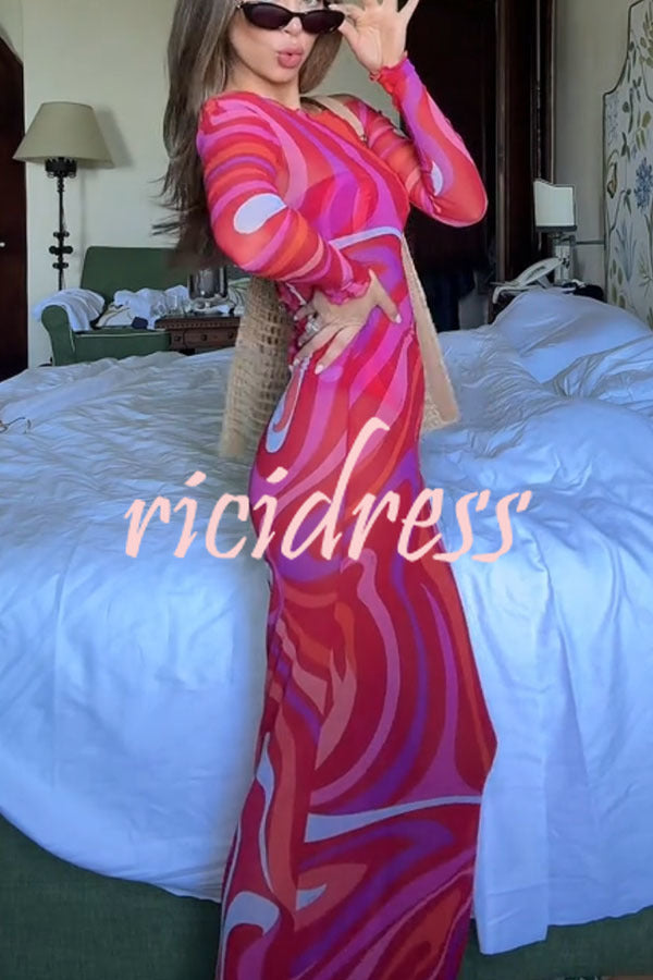 Pool Party Ready Mesh Unique Print Long Sleeve Stretch See-Through Maxi Dress