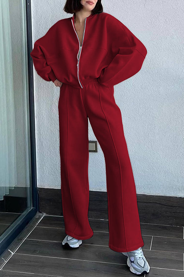 Solid Color Long-sleeved Zip-up Sports Jacket and Casual Elastic Waist Pocket Pants Set