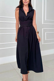 Solid Color Lapel Sleeveless Waisted Single-breasted Casual Midi Dress