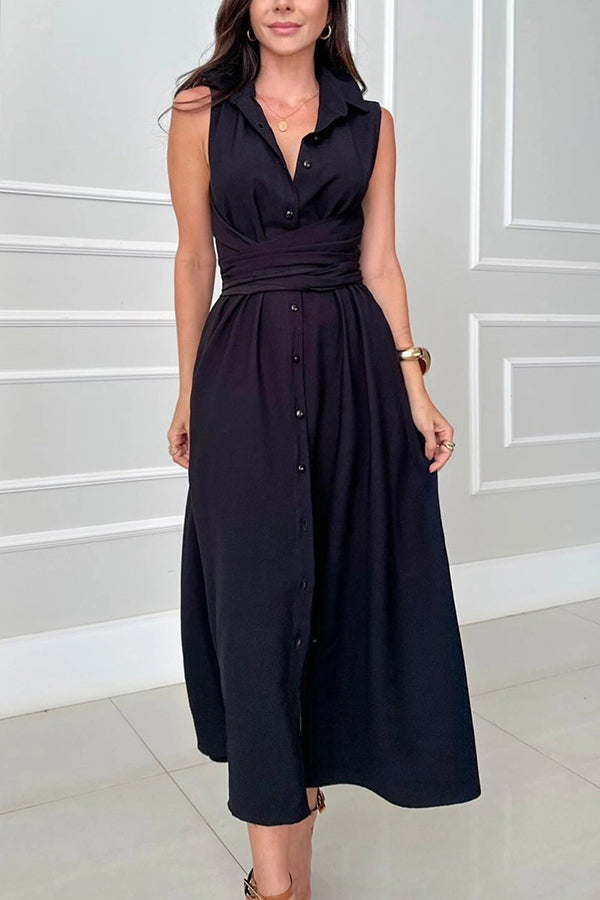 Solid Color Lapel Sleeveless Waisted Single-breasted Casual Midi Dress