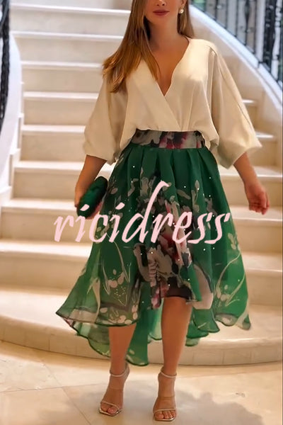 Tessy Batwing Sleeve Top and Floral Elastic Waist Pearls Detail High Low Midi Skirt Set