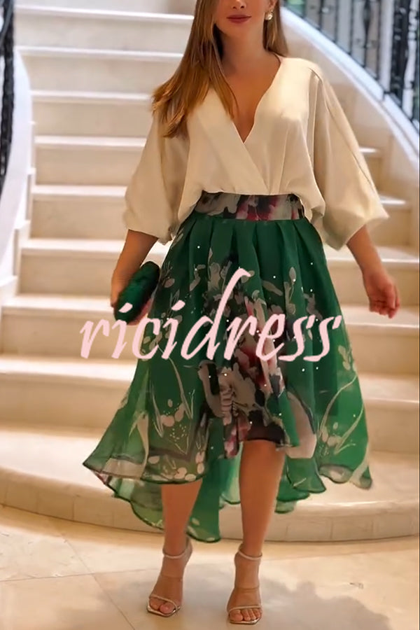 Tessy Batwing Sleeve Top and Floral Elastic Waist Pearls Detail High Low Midi Skirt Set