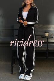 Fashionable Sports Style Striped Long-sleeved Jacket and Elastic Waist Casual Pants Set