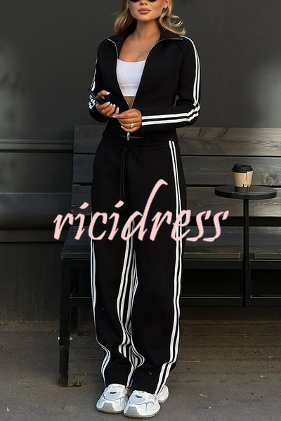 Fashionable Sports Style Striped Long-sleeved Jacket and Elastic Waist Casual Pants Set