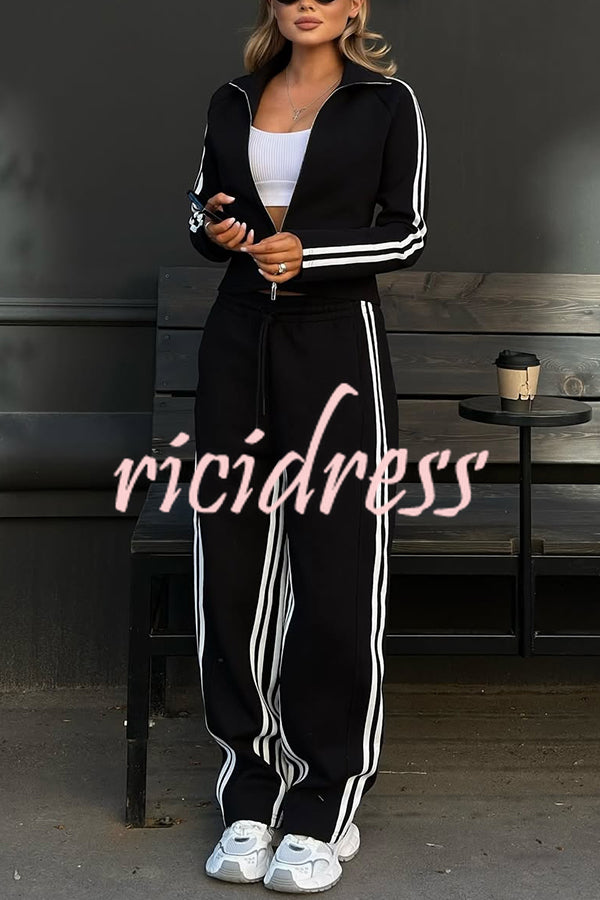 Fashionable Sports Style Striped Long-sleeved Jacket and Elastic Waist Casual Pants Set