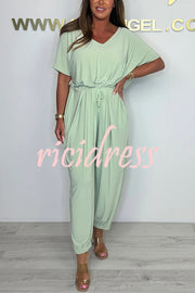 Solid Color V-neck Short-sleeved Waist-tied Loose Casual Jumpsuit