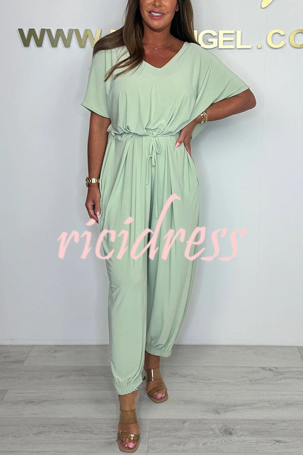 Solid Color V-neck Short-sleeved Waist-tied Loose Casual Jumpsuit