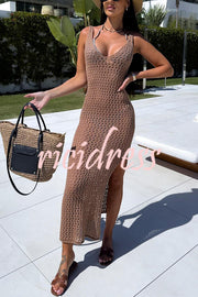 Solid Color V-neck Hollow Beach Knitted Cover-up Midi Dress