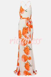 Charming Tulip Print Backless Crisscross Straps Flare Scarf Maxi Dress
